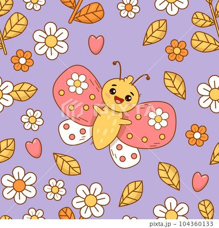 Cute seamless pattern with funny butterfly character on purple background with flowers and hearts. Groovy vector Illustration for wallpaper, design, textile, packaging, decor. Kids collection. Cute seamless pattern with funny butterfly character on purple background with flowers and hearts. Groovy vector Illustration for wallpaper, design, textile, packaging, decor. Kids collection. 104360133