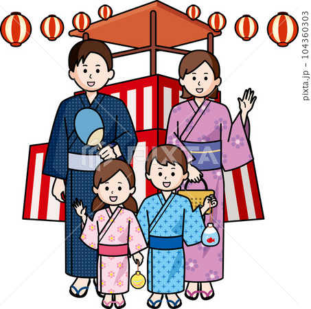 夏祭り 浴衣の家族とやぐら・提灯 夏祭り 浴衣の家族とやぐら・提灯 104360303
