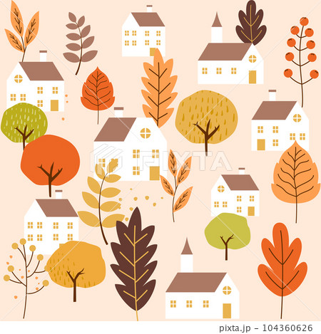 秋の街並みと紅葉のシームレスパターンのイラスト背景 104360626