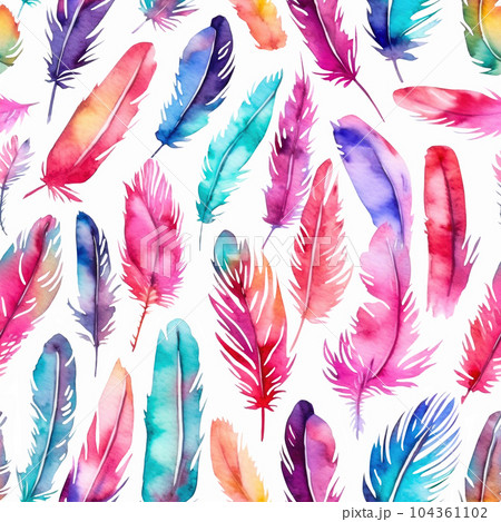 Seamless pattern with watercolor colorful feathers 104361102