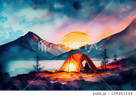 Tourist tent camping in mountains at sunset. Watercolor illustration 104361104