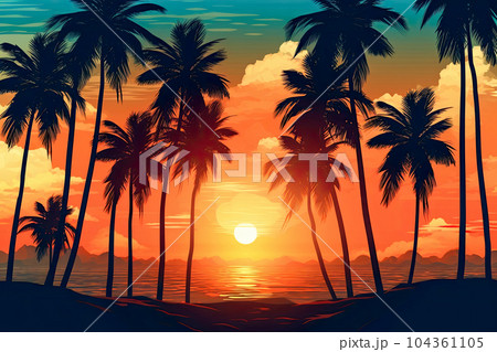 Palm trees silhouettes on tropical beach at sunny day Palm trees silhouettes on tropical beach at sunny day 104361105