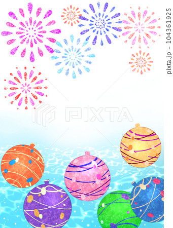 花火と水ヨーヨー水風船　夏祭り背景 104361925