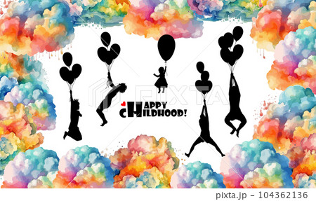 Happy childhood. Children fly in balloons. Happy birthday. Vector illustration Happy childhood. Children fly in balloons. Happy birthday. Vector illustration 104362136