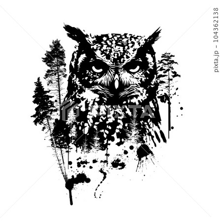 Monochrome graphic portrait of an owl in the forest. Abstraction trees and owl. Print for t-shirt or tattoo, graffiti style. Vector illustration Monochrome graphic portrait of an owl in the forest. Abstraction trees and owl. Print for t-shirt or tattoo, graffiti style. Vector illustration 104362138