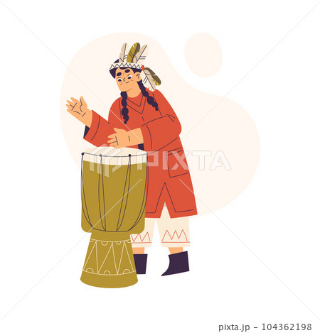Funny Girl Beat Drum Playing Indian Dressed in Injun Costume with Feather Vector Illustration Funny Girl Beat Drum Playing Indian Dressed in Injun Costume with Feather Vector Illustration 104362198