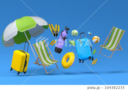 Colorful suitcase or baggage with beach accessories on blue background. 104362235