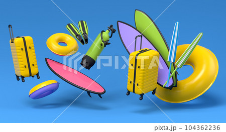 Colorful suitcase or baggage with beach accessories on blue background. 104362236
