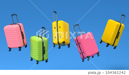Colorful suitcase flying on blue background. 3D render of summer vacation Colorful suitcase flying on blue background. 3D render of summer vacation 104362242