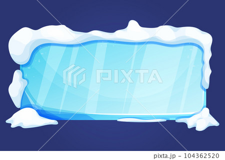 Ice button, frozen frame with snow, level menu in cartoon style isolated on white background. Glass shiny panel, game ui element.  104362520