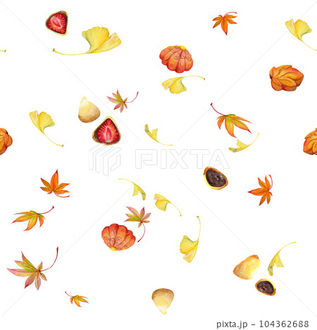 Watercolor seamless pattern with hand drawn traditional Japanese sweets. Wagashi, mochi, autumn maple leaves. Isolated on white background. Invitations, restaurant menu, greeting cards, print, textile Watercolor seamless pattern with hand drawn traditional Japanese sweets. Wagashi, mochi, autumn maple leaves. Isolated on white background. Invitations, restaurant menu, greeting cards, print, textile 104362688
