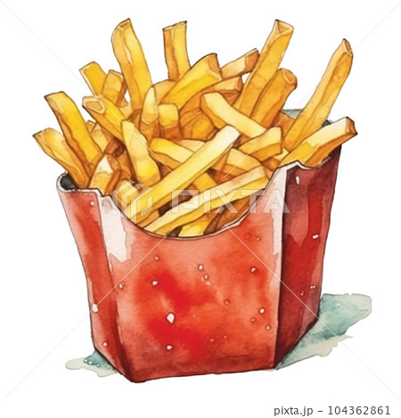 French fries, watercolor, potato, foot, snack, lunch, fast food, eatable, eating, Generative AI 104362861
