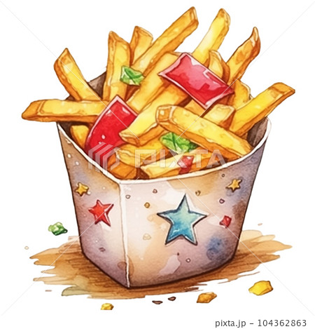 French fries, watercolor, potato, foot, snack, lunch, fast food, eatable, eating, Generative AI 104362863