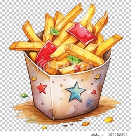 French fries, watercolor, potato, foot, snack, lunch, fast food, eatable, eating, Generative AI 104362863