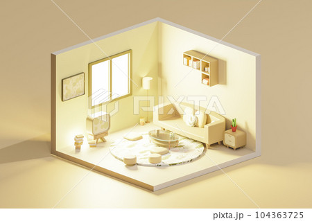 3D render of light living room low poly, isometric view 3D render of light living room low poly, isometric view 104363725