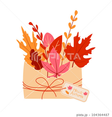 An open paper envelope with autumn leaves maple, branch of a plant. Autumn colors. Signed Hello Autumn . 104364487
