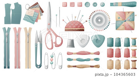 Set of sewing tools on a white background. Pin, needle holder, thread, scissors, etc. Tools for hobbies, needlework, sewing, embroidery. Light industry, clothing production. 104365603
