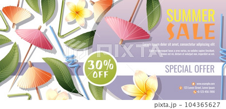 Discount flyer template with coconut cocktail, umbrellas and frangipani flowers. Coupon for summer discounts. 104365627