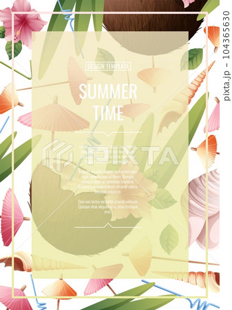 Flyer template with beach coconut cocktail and hibiscus flowers. Tropical vacation, summer vacation. Banner, poster with beach drinks a4 size. 104365630