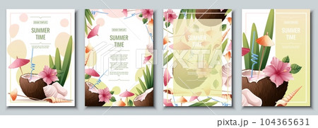 Set of flyer templates with beach coconut cocktail and hibiscus flowers. Tropical vacation, summer vacation. Banner, poster with beach drinks a4 size. 104365631