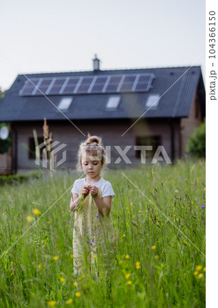 Portrait of little girl in front of family house with solar panels, concept of sustainable lifestyle and renewable resources. 104366150
