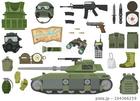 Set of military equipment on white background 104366259