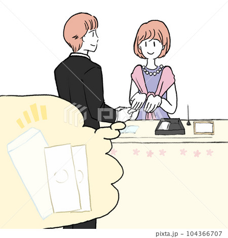 会費制の結婚式会場の受付で会費袋から会費を手渡す男性のイメージイラスト素材 会費制の結婚式会場の受付で会費袋から会費を手渡す男性のイメージイラスト素材 104366707