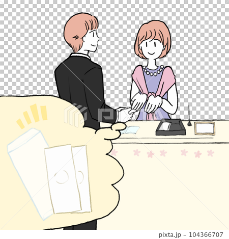 会費制の結婚式会場の受付で会費袋から会費を手渡す男性のイメージイラスト素材 会費制の結婚式会場の受付で会費袋から会費を手渡す男性のイメージイラスト素材 104366707