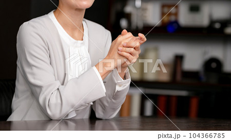 対談する女性　インタビュー　手元 104366785