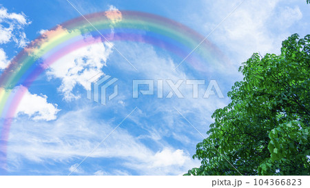 雨上がりの虹がかかった青空と太陽の光 104366823