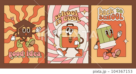 Set of Back to School A4 posters template in 70s-80s Groove Style with retro cartoon stationery characters. First Day of School Party Cards. Vector retro illustration with inspirational text. 104367153