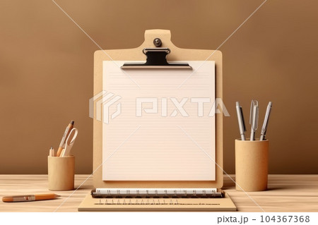Wooden clipboard mockup with notebooks and pencils holder on a wooden table. Home office with office supplies. Generative AI Wooden clipboard mockup with notebooks and pencils holder on a wooden table. Home office with office supplies. Generative AI 104367368