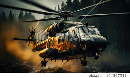 Helicopter of the fire service bring water in a fire fighting bucket and carries water. 104367551