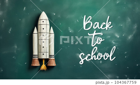 Hand drawn rocket science on green chalkboard background. Back to school concept banner graphic design. 104367759