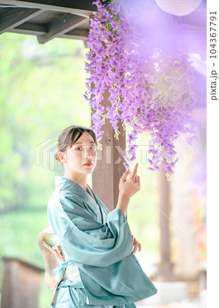 藤の花と着物を着た若い女性 104367791