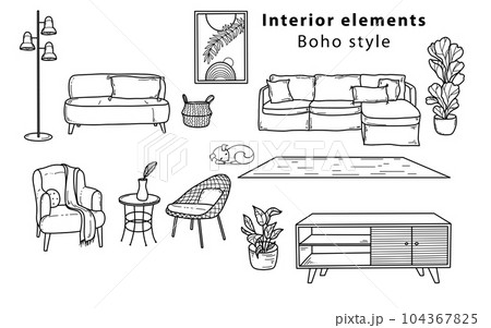 Hand drawn in doodle style, Scandinavian furniture Interior elements Boho style. Cozy home environment for the living room.  104367825