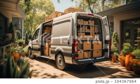 Delivery truck full of home stuff inside, Moving to new house, Family relocated to new home. 104367864