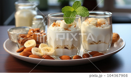 Almond banana smoothie with oat flakes in glass jars, oatmeal and almonds on the old wooden. Almond banana smoothie with oat flakes in glass jars, oatmeal and almonds on the old wooden. 104367908