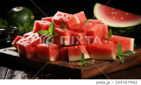 Pieces of fresh watermelon with board on black wooden table. 104367992
