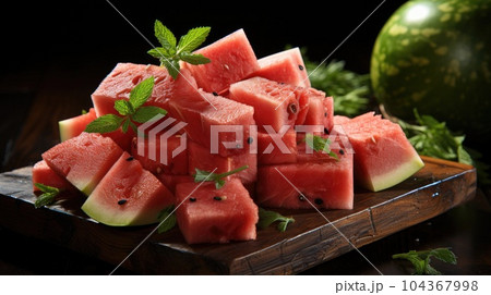 Pieces of fresh watermelon with board on black wooden table. 104367998