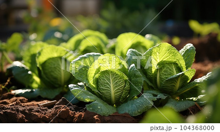 Cabbage growing in garden, Cabbage leaves and head close up, Organic vegetables. 104368000