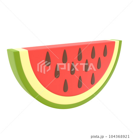 A cut red watermelon slice with dark seeds on a transparent background. PNG. 3D rendering A cut red watermelon slice with dark seeds on a transparent background. PNG. 3D rendering 104368921