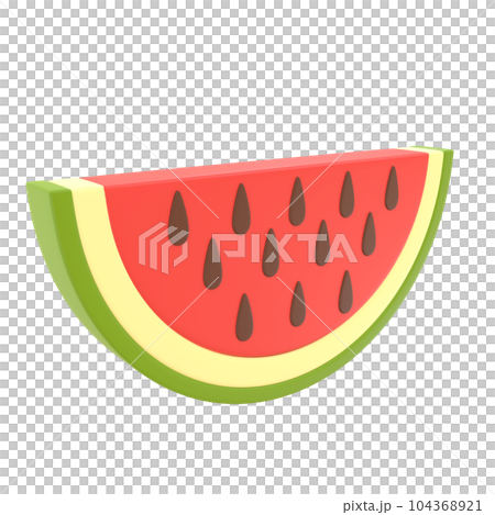 A cut red watermelon slice with dark seeds on a transparent background. PNG. 3D rendering A cut red watermelon slice with dark seeds on a transparent background. PNG. 3D rendering 104368921