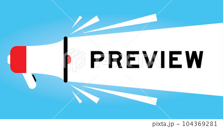Color megaphone icon with word preview in white banner on blue background Color megaphone icon with word preview in white banner on blue background 104369281
