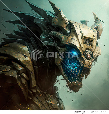 An epic concept art featuring a menacing beast robot with blue glowing eyes, a metal jaw, and an awe-inspiring full-color design 104369367