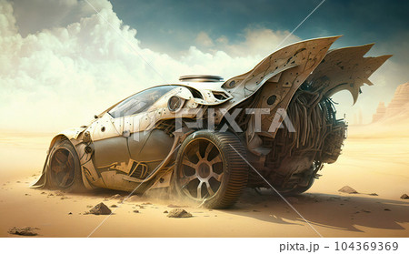 An abandoned and broken supercar trapped in the sandy desert An abandoned and broken supercar trapped in the sandy desert 104369369