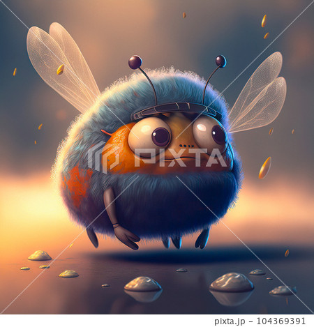 A cute, fluffy bee with big, sad eyes seeking shelter under the rain 104369391