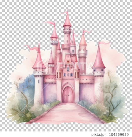 Pink watercolor princess castle isolated. Illustration AI Generative 104369939