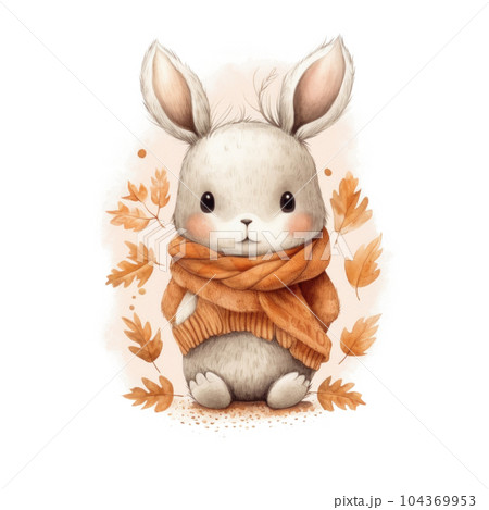 Cute watercolor baby autumn bunny isolated. Illustration AI Generative 104369953