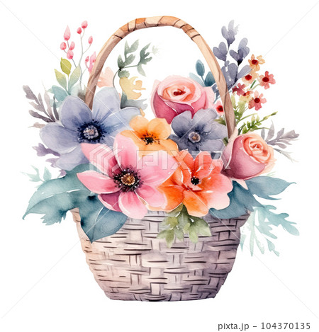 Cute watercolor flowers in basket. Illustrationのイラスト